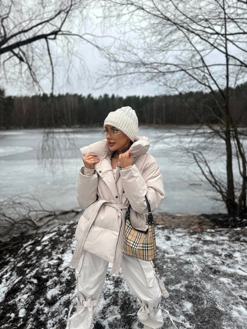 Puffy, short jacket with tie belt - light beige